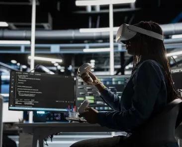 Computer scientist in data center using VR headset run artificial intelligence and machine learning processes. Server room IT expert using AI tools and virtual reality technology