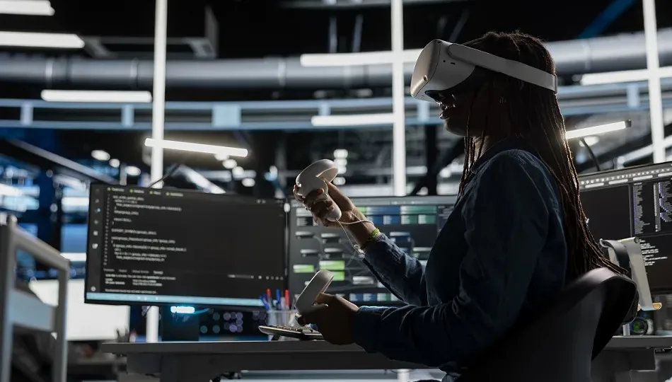 Computer scientist in data center using VR headset run artificial intelligence