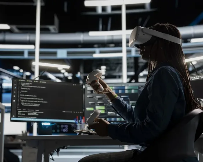 Computer scientist in data center using VR headset run artificial intelligence